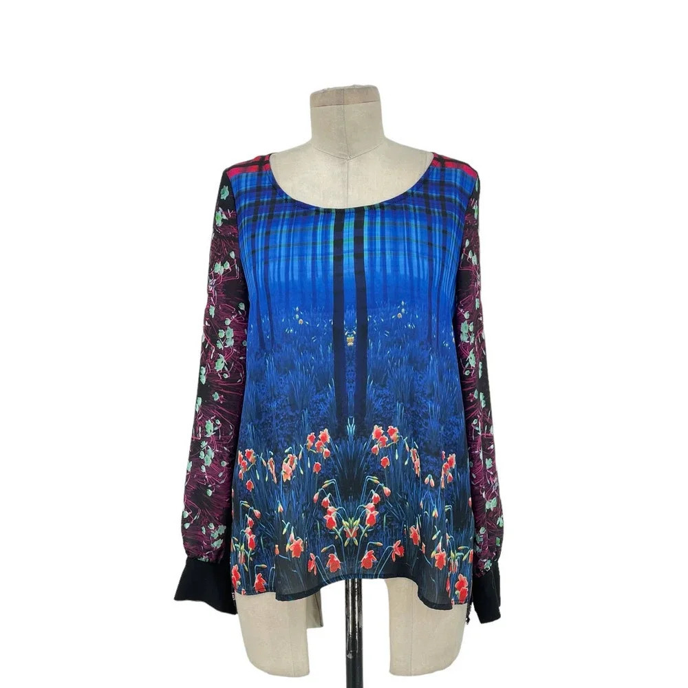 Clover Canyon Blue Floral Blooms Long Sleeve Blouse Size Small